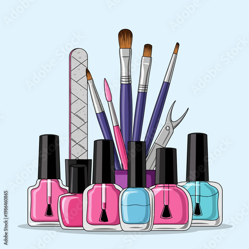 Professional manicure kit vector illustration featuring pink and blue nail polish bottles, various nail art brushes, a textured nail file, and metal cuticle nippers on a light background.
