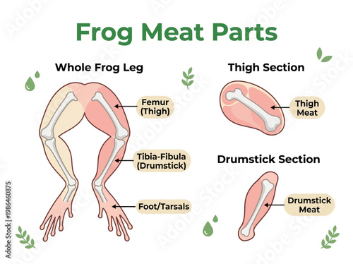 An anatomical illustration detailing the various cuts of frog meat, including the whole frog leg, thigh section, and drumstick section