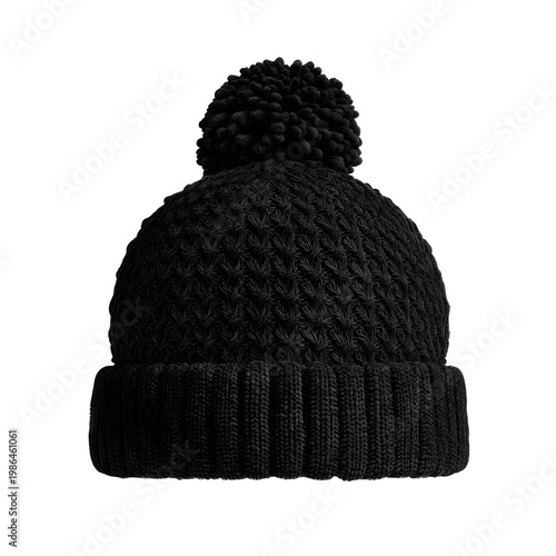 black knitted beanie with pompom, isolated on transparent background