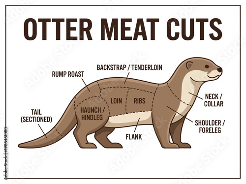 Diagram illustrating the different cuts of otter meat, including loin, ribs, and shoulder