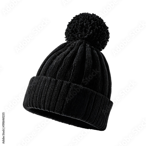black knitted beanie with pompom, isolated on transparent background