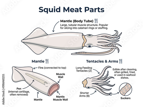 An illustrated guide to the different parts of a squid, detailing the mantle, tentacles, and arms for culinary use