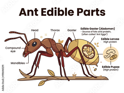 Anatomical illustration detailing the edible parts of an ant, including head, thorax, gaster, larvae, and pupae, highlighting their nutritional components
