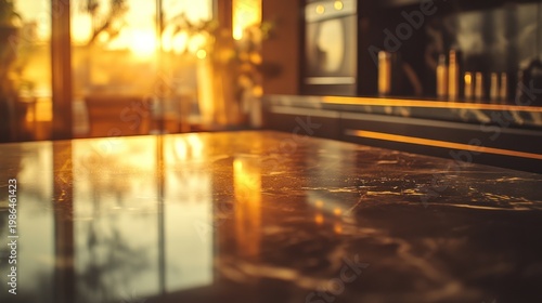 Warm Kitchen Countertop Reflection at Sunset.