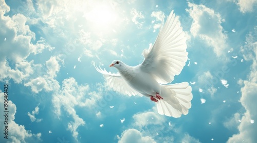White Dove Flying in a Bright Sky with Clouds.