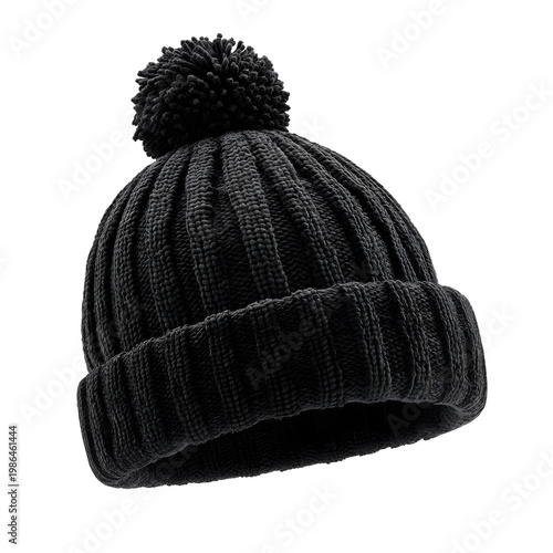black knitted beanie with pompom, isolated on transparent background