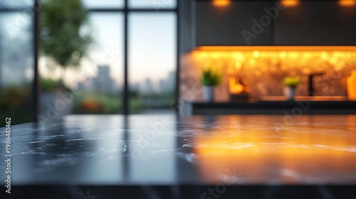 Modern Kitchen Interior with City View at Dusk.