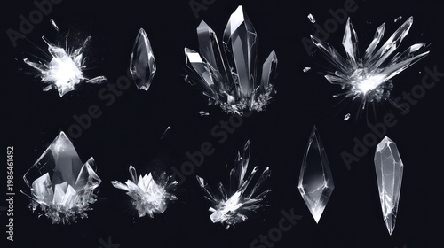 Collection of Various Crystals and Gemstones on Black Background.