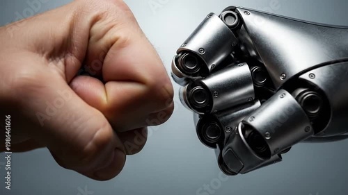 Human fist confronts robotic metal hand.