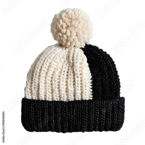 Warm winter knit beanie featuring soft white pom-pom, black color blocking cold, positioned against clean transparent backdrop