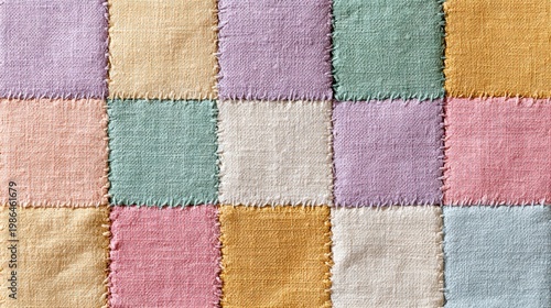 Handcrafted patchwork quilt with square fabric pieces in a minimalist pastel arrangement
