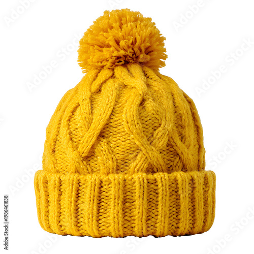 yellow knitted beanie with pompom, isolated on transparent background