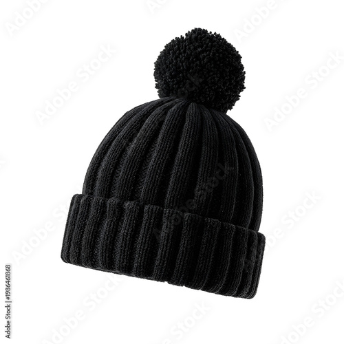 black knitted beanie with pompom, isolated on transparent background