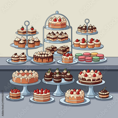 Vector illustration of a bakery dessert display featuring tiered stands with assorted cakes, strawberry shortcakes, chocolate cupcakes, colorful macarons, and cream filled pastries.