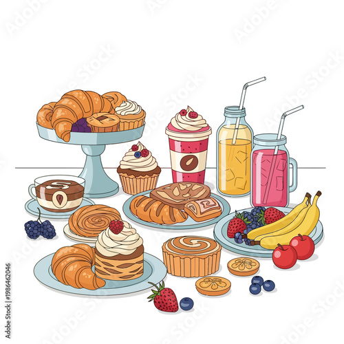 Vector illustration of a comprehensive breakfast and brunch spread featuring croissants, cupcakes, pastries, cinnamon rolls, fresh berries, fruit, coffee, and juices in glass jars.
