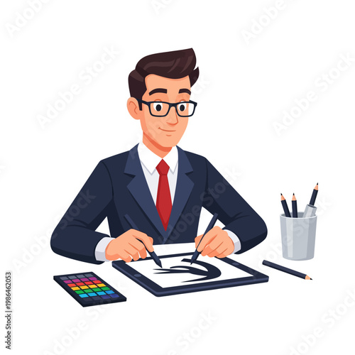 A professional male illustrator wearing a suit and red tie drawing on a digital graphic tablet with two pens, isolated on a white background with art tools and a color palette.