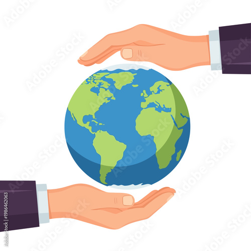Professional flat vector illustration of two hands wearing business suit sleeves cupping and protecting a colorful planet Earth globe against a plain white background.