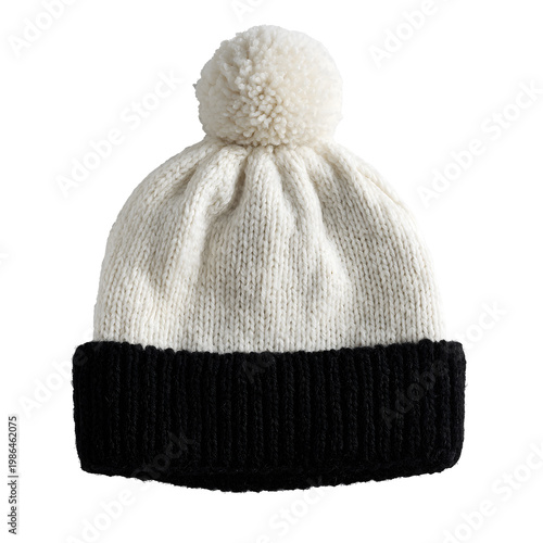 Warm winter knit beanie featuring soft white pom-pom, black color blocking cold, positioned against clean transparent backdrop