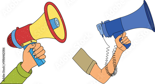 Isolated holding megaphone vector illustration with hand holding loudspeaker in flat style. Bold announcement concept with vibrant colors, perfect for marketing, promotion, social media, campaign.