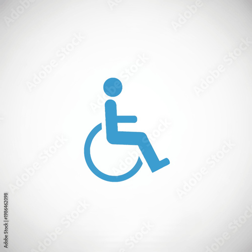 Minimalist blue wheelchair user icon for handicapped access and disability rights, isolated on a white and light gray gradient background, flat vector illustration sign.