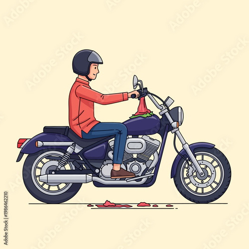 Vector illustration of a male rider wearing a black helmet and orange shirt sitting on a purple cruiser motorcycle with a ritual red cloth draped over the handlebars and tank.