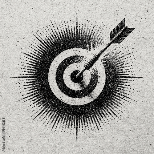 Vintage grunge black and white illustration of an arrow hitting a bullseye target with sunburst effect created with Generative AI Technology, ai, generative