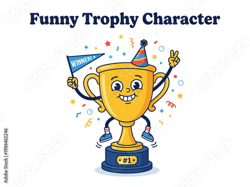 A cheerful cartoon trophy character with a party hat and a flag, celebrating victory amidst confetti and stars, conveying success and achievement in a fun and whimsical way
