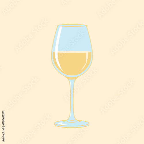 Minimalist vector illustration of a single glass of white wine or Sauvignon Blanc, featuring a long stem and clear glass filled with pale yellow liquid on a light beige background.