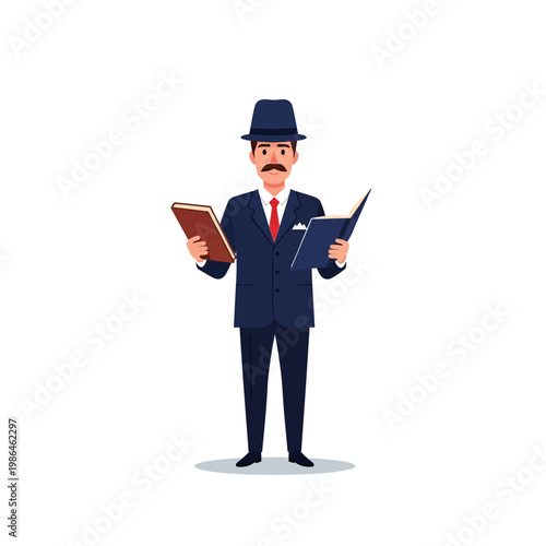 Flat vector illustration of a male school principal or professor with a mustache, wearing a navy blue suit, red tie, and blue hat, holding a book and an open folder on a white background.