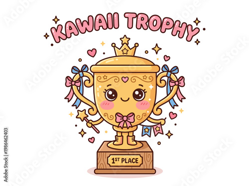 Kawaii 1st Place Trophy Illustration with Cute Face and Stars, Celebrating Victory and Achievement in a Fun, Adorable Style