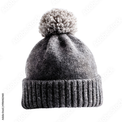 A grey woolen winter hat with a pom-pom isolated on a transparent background png