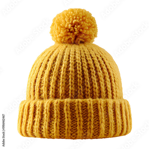 yellow knitted beanie with pompom, isolated on transparent background