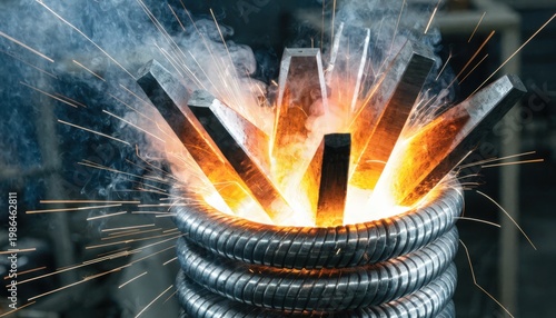 Medium shot capturing induction heating of sears and small parts focusing on rapid localized hardening with visible magnetic coil technology.