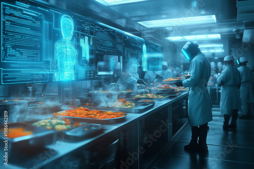 Chef preparing food in futuristic Innovative kitchen holographic display showcasing gourmet dish in cyberpunk city. Future of the food industry.