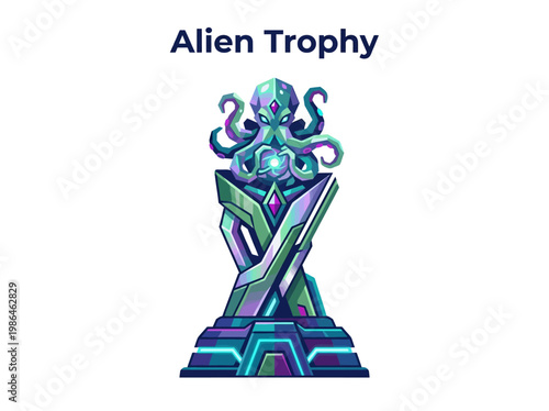 Futuristic alien-themed trophy with glowing purple and blue accents, resembling an octopus-like creature