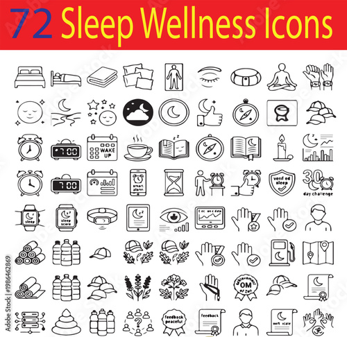 Premium Sleep Wellness & Relaxation Linear Icons: Minimalist Bed, Night Moon, Alarm Clock, and Healthy Rest Vector Symbols. 
