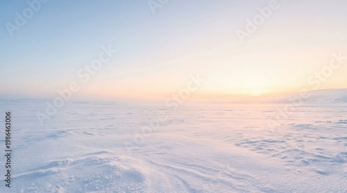Winter snow field under a soft sunrise sky with pastel hues landscape gradient