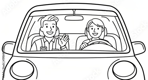 Joyful Rideshare Moments Hand-Drawn Doodle of Happy Passengers and Drivers in a Modern Car Trip