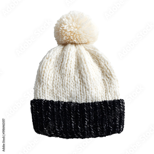 Warm winter knit beanie featuring soft white pom-pom, black color blocking cold, positioned against clean transparent backdrop