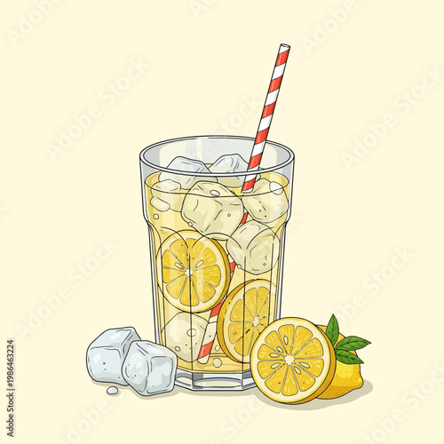 Vector illustration of a tall glass filled with yellow lemonade, ice cubes, and lemon slices, featuring a red and white striped straw, next to fresh lemon fruit and ice.