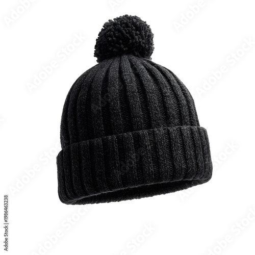 black knitted beanie with pompom, isolated on transparent background