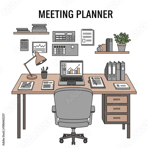 Flat vector illustration of a professional office desk workspace featuring a laptop with data charts, ergonomic chair, desk lamp, folders, wall calendars, and storage shelves.