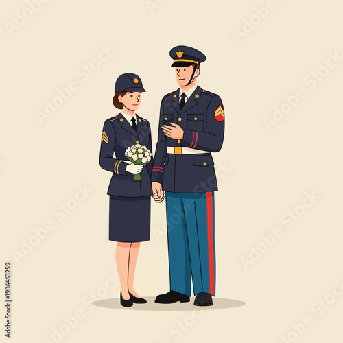 Vector illustration of a military couple in formal dress uniforms, a woman in a skirt holding a white flower bouquet and a man holding her hand against a plain background.