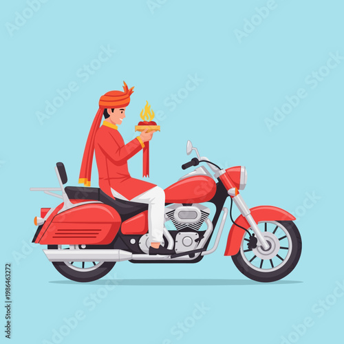 Vector illustration of a man in traditional Indian clothing holding a ritual flame while sitting on a red motorcycle during a vehicle blessing ceremony against a blue background.
