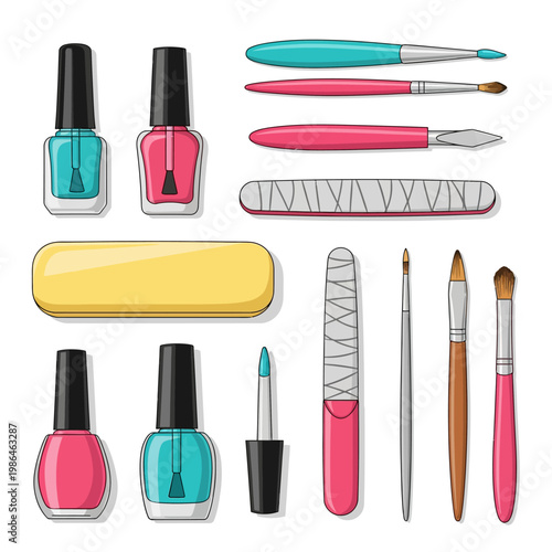 Manicure and nail art tool set featuring teal and pink nail polish bottles, various detail brushes, emery board files, and a yellow buffer block isolated on white background vector.