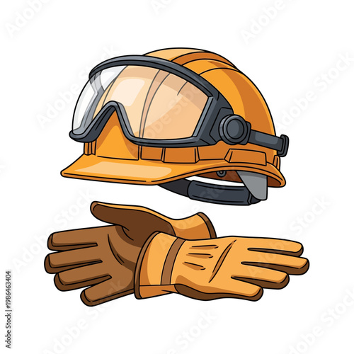Orange construction safety helmet with protective goggles and leather work gloves illustration isolated on white background for industrial worker personal protective equipment.