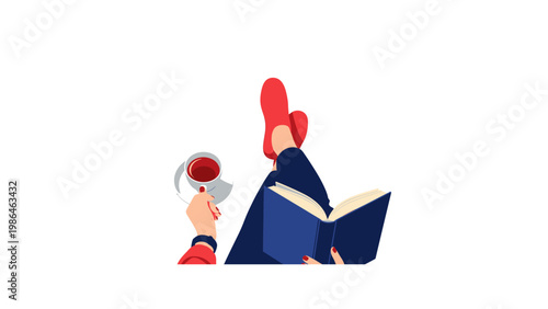 Person reading book with coffee.