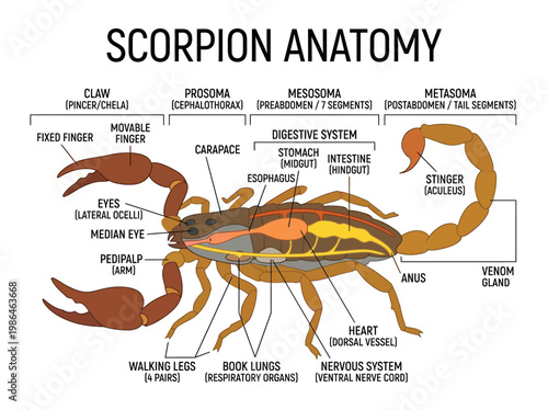 Detailed diagram illustrating the anatomy of a scorpion, highlighting its major body parts and systems