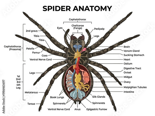 Detailed diagram illustrating the internal and external anatomy of a spider, highlighting its segmented body parts and organs