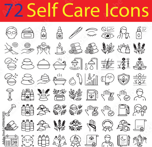 Self Care & Personal Wellness Linear Icons: Minimalist Skincare, Spa Relaxation, Beauty Rituals, and Holistic Health Vector Symbols.
